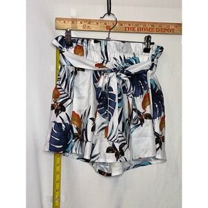 SHEIN Womens Small Tropical Leaf Print Paperbag Waist Shorts Blue White